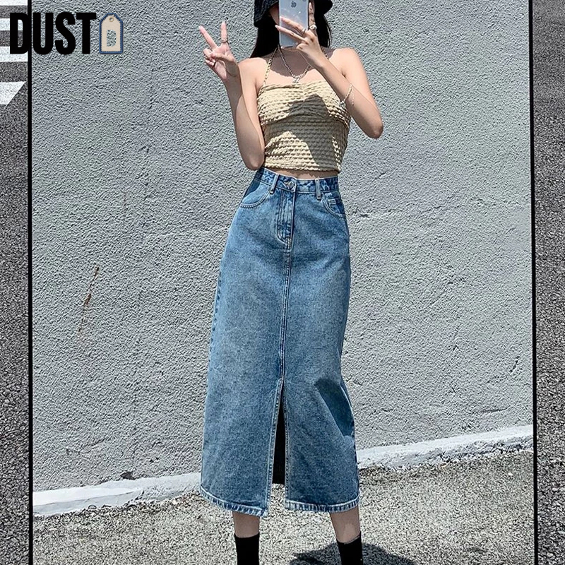 [Harga Terjangkau] Dust Rok denim wanita korea rok long skirt pembahagian depan
