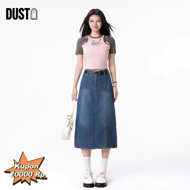 [Pengiriman Gratis] Dust Jeans Rok Denim Wanita Baru Highwaist Rok Jeans Fashion Robek Rok Midi/A-Li