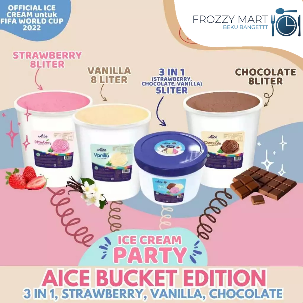 

Aice Es Krim 5L / 8L – Varian Vanila, Strawberry, Coklat, Choco Chips | Es Krim Literan untuk Acara