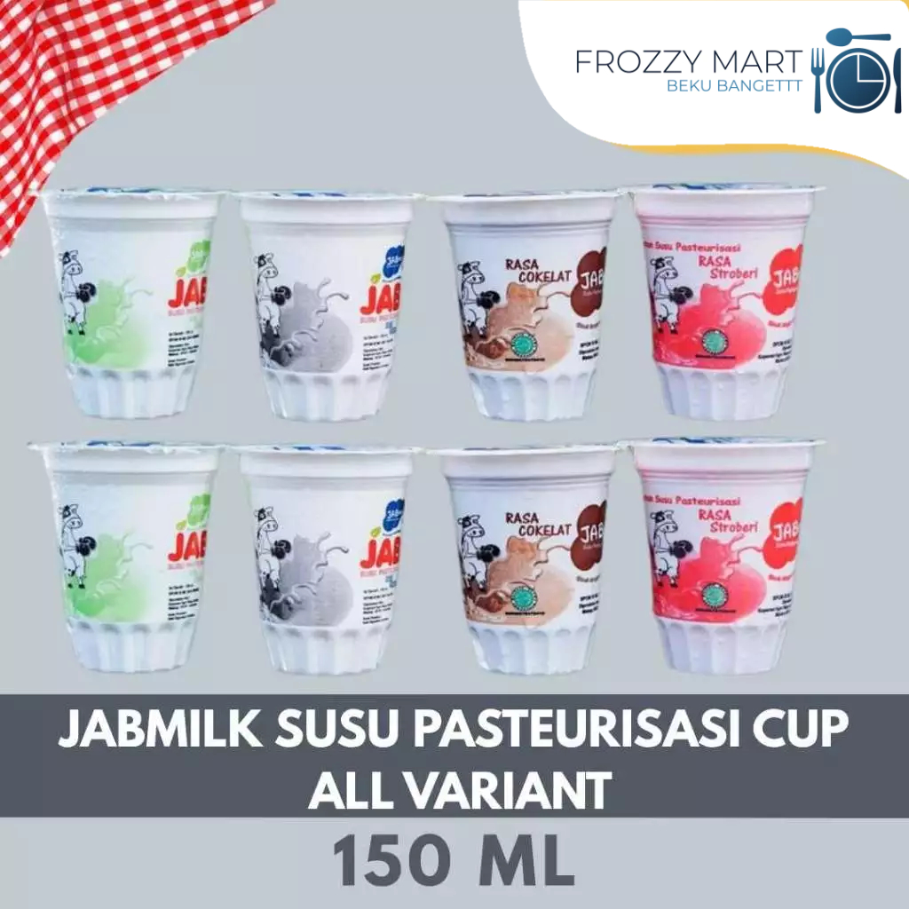 

JABMILK Susu Pasteurisasi Cup 150ml–Rasa Melon, Coklat, Strawberry, Original | Susu Segar Siap Minum