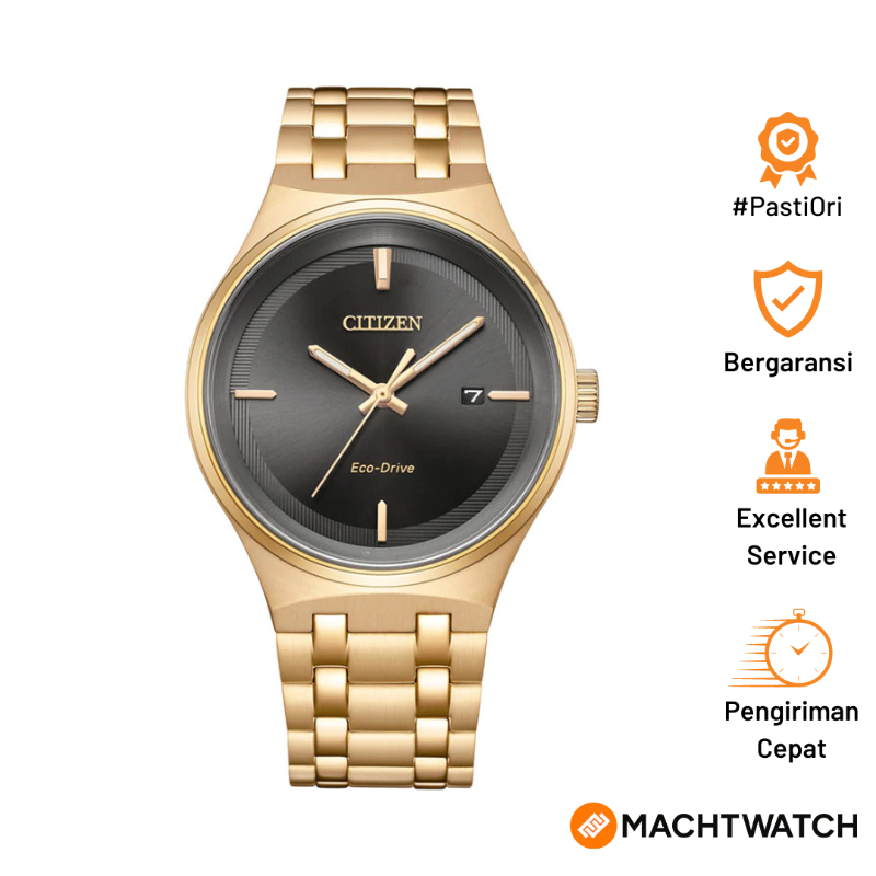 Jam Tangan Pria Citizen Eco Drive BM7653-50E Men Black Dial Gold Stainless Steel Strap
