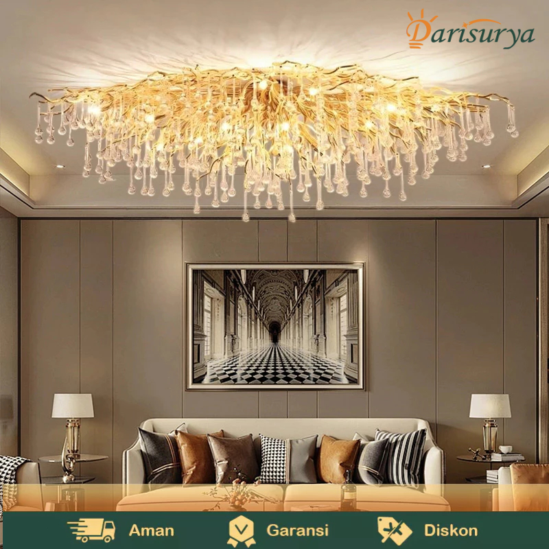 Lampu Gantung Kristal Emas Ruang Tamu Mewah Lampu Hias Gantung Kristal Liontin Lampu Hias Plafon Kri