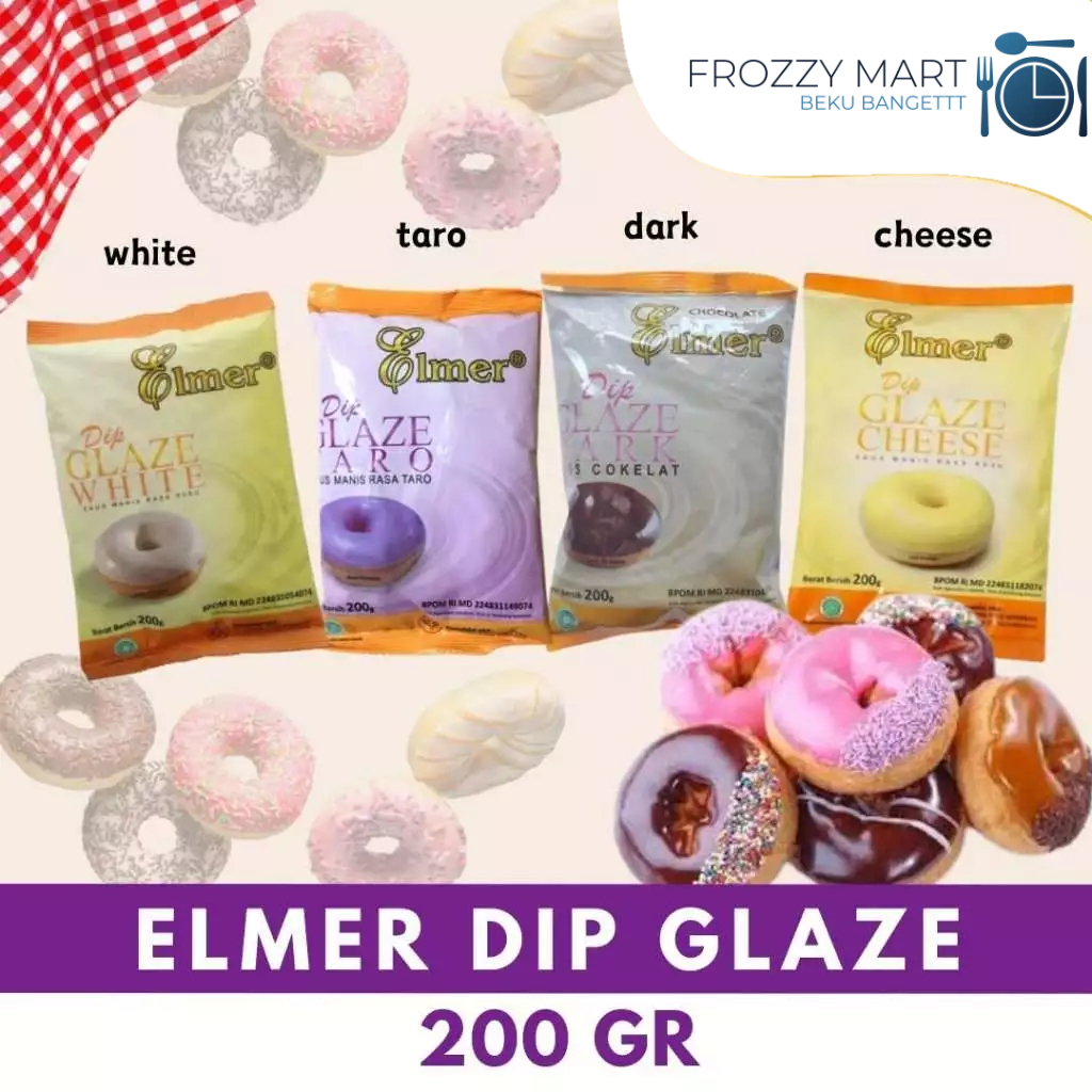 

ELMER Dip Glaze 200gr – Cheese, Dark Chocolate, Taro, White | Glasur Siap Pakai Topping Donat & Kue