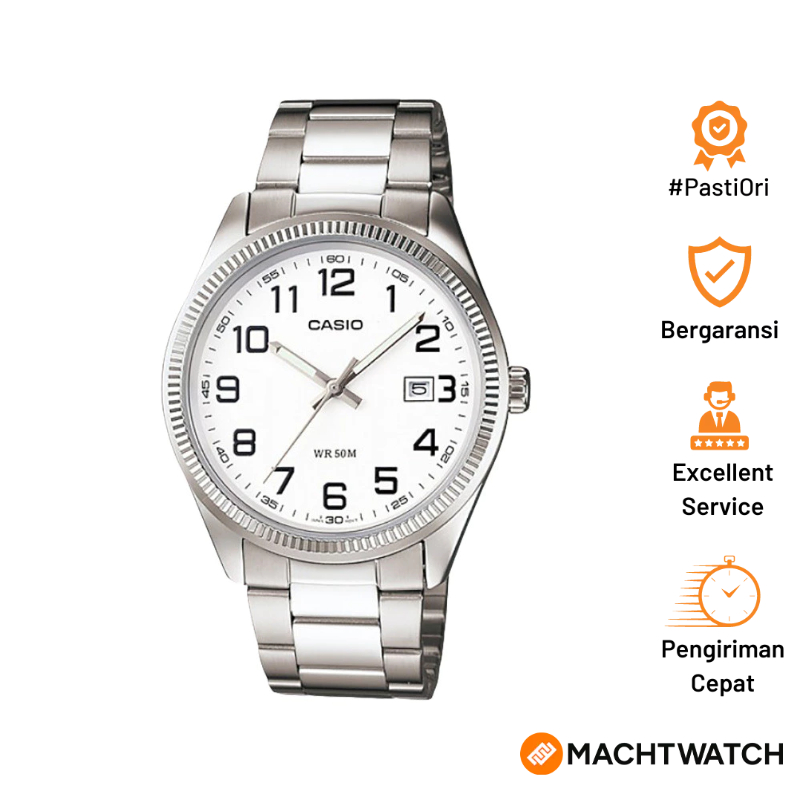 Jam Tangan Pria Casio General MTP-1302D-7BVDF MTP1302 MTP-1302D White Dial Stainless Steel Band