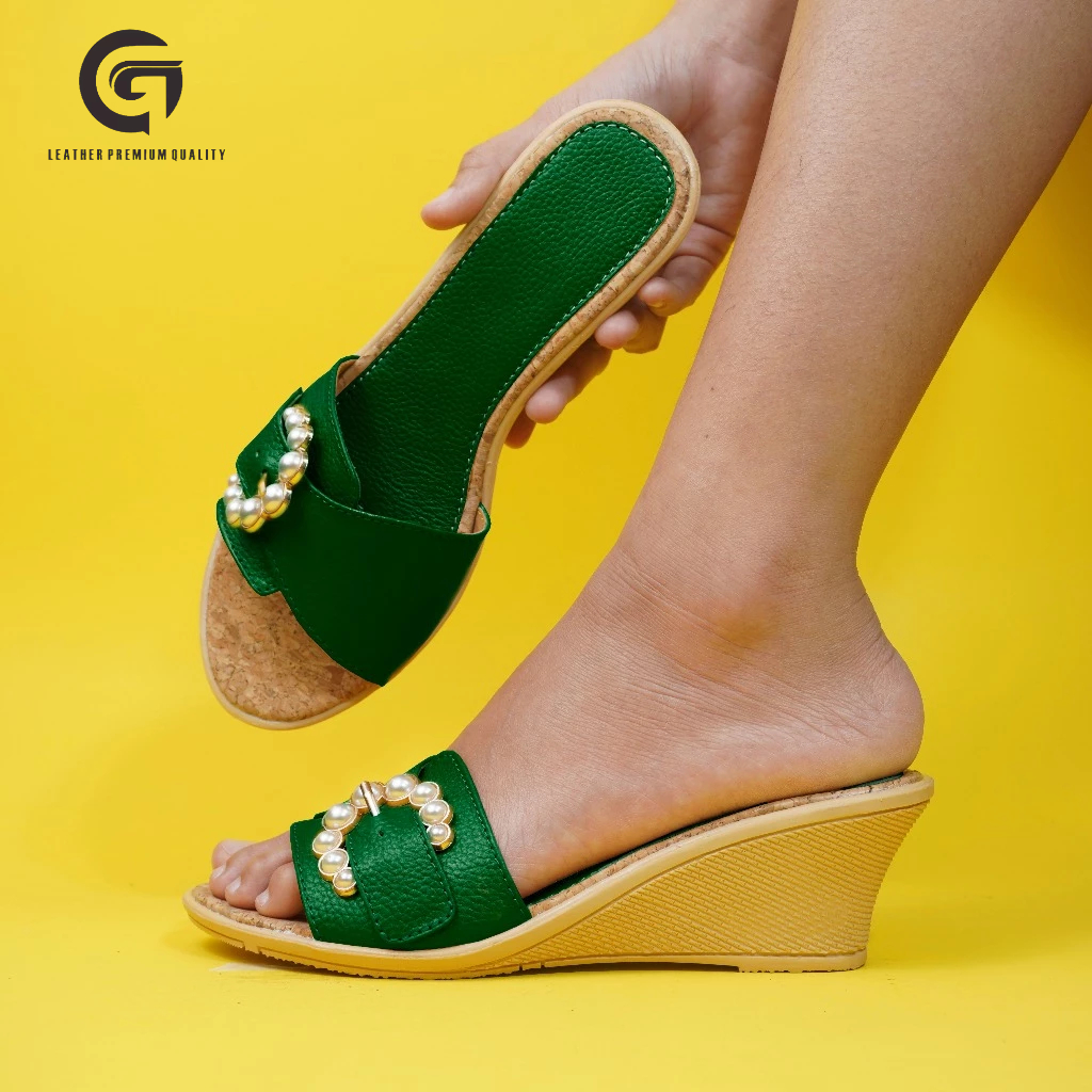 sandal 5cm wedges wanita - sandal wanita kulit sapi asli