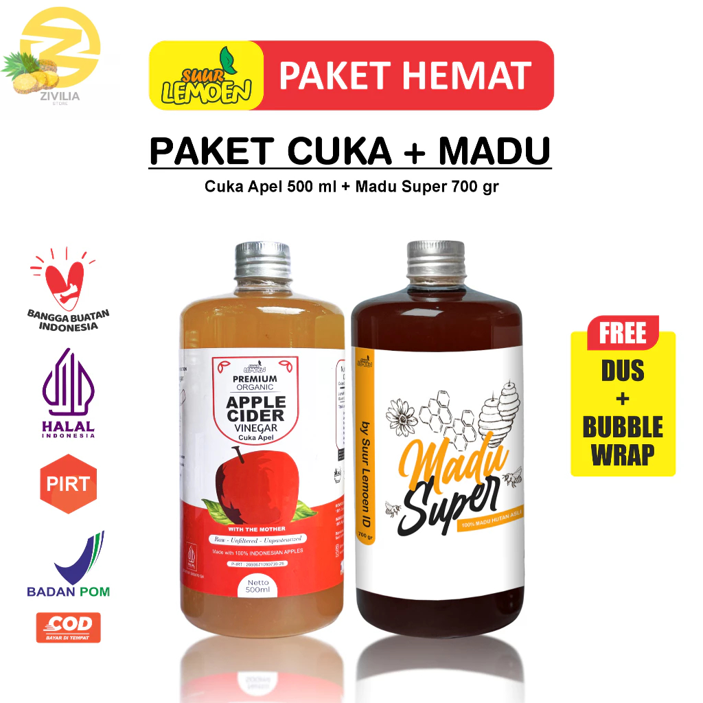 

Suur Lemeon - Paket Asam Lambung - Diet Sehat Bundling Cuka Apel 500ml dan Madu Hutan 700gr Asli