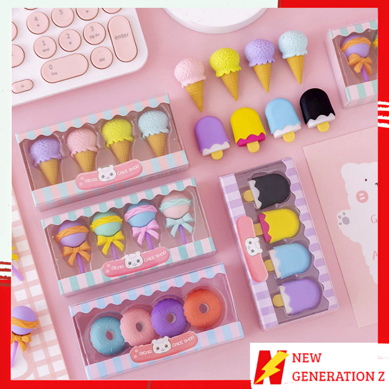 

NGZ Penghapus 4 Pcs / Set Lucu Bentuk Es Krim Karet Hapus Lolipop Donat Pensil Karakter Sweet Eraser Anak Sekolah Karakter 4pcs Bentuk Makanan Donut Ice Cream