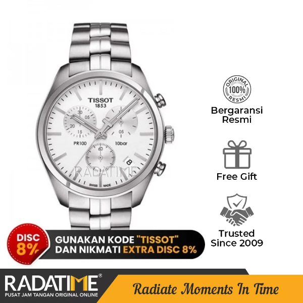 Jam Tangan Pria Tissot T-Classic PR 100 Chronograph Original 100% Stainless Steel Sport Silver T101-