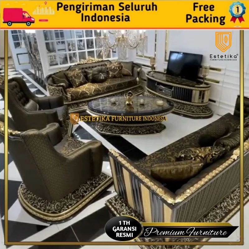 ESTETIKA FURNITURE INDONESIA Kursi Sofa Ruang Tamu Raja Salman Full Ukiran Black Gold Luxury