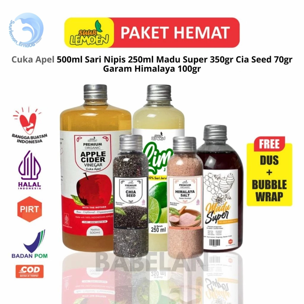 

Suur Lemoen Bundle Diet dan Detox 5in1 BIG - Paket Hemat Cuka Apel, Sari Nipis, Chia Seed, Madu Hutan, Garam Himalaya - (ERN)