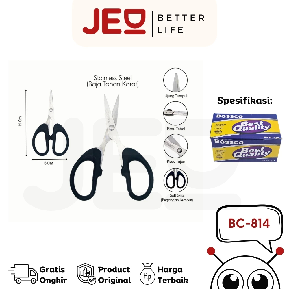 

1 Box isi 12 Gunting Scissors BOSSCO (4 inch~6 Inch-8 Inch) BC-814~816~818