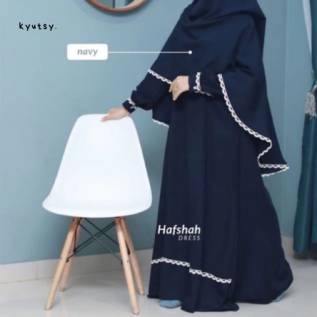 Elmina Hafshah Dress Gamis Biru Dongker Navy Terbaru 2025 Simple Minimalis Abaya Remaja Dewasa Wolly
