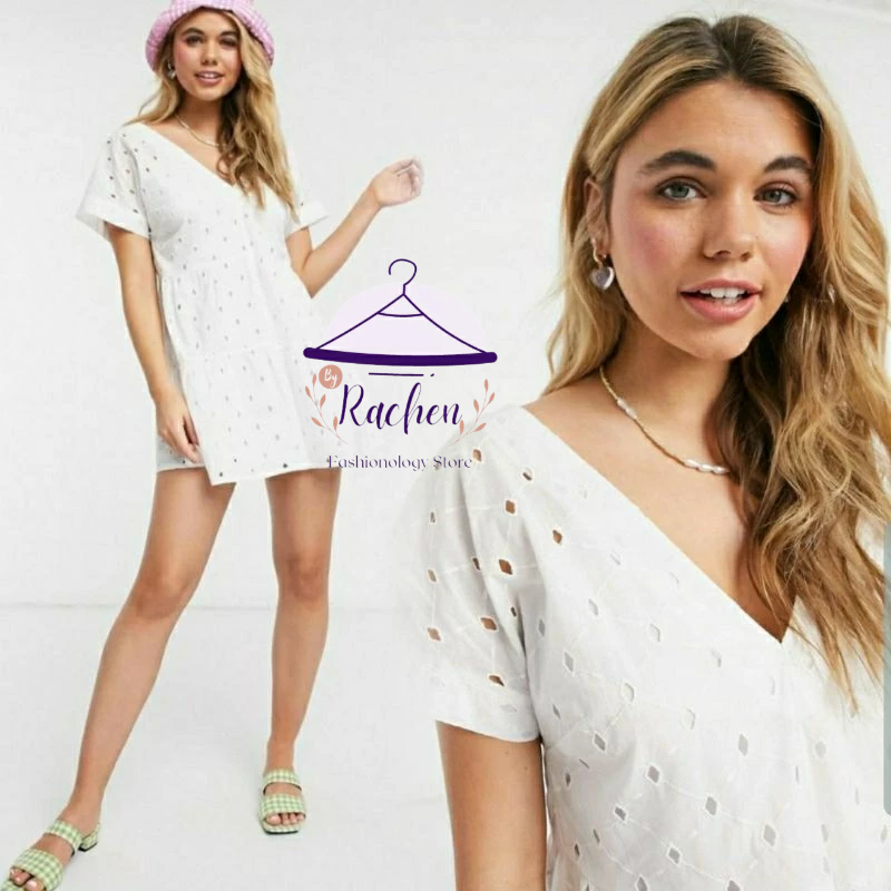 A S O S ~ Gaun Wanita Baju Butik Viral Kekinian Katun Bolong Putih Tunik Eyelet Embroidery V Neck Mi
