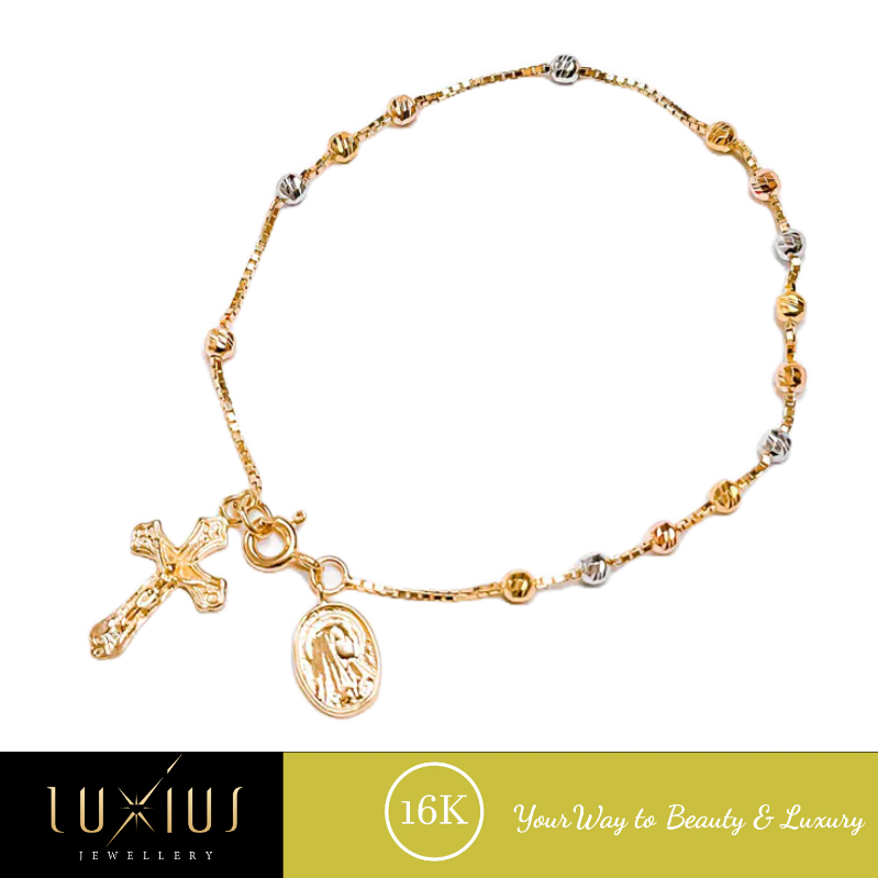 Gelang Emas Rosario 3 Warna Charm Bunda Salib Yellow Gold 16K Luxgr0234 Luxius jewellery