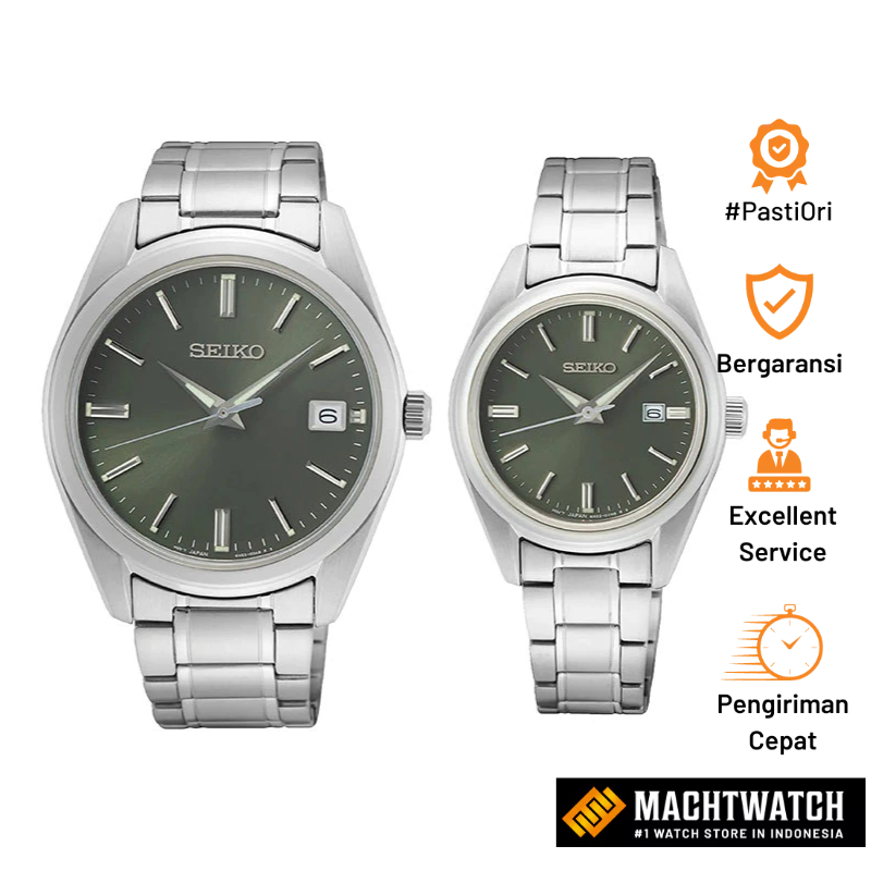 Jam Tangan Couple Seiko Classic SUR533P1_SUR527P1 Dress Olive Green Dial Stainless Steel Strap