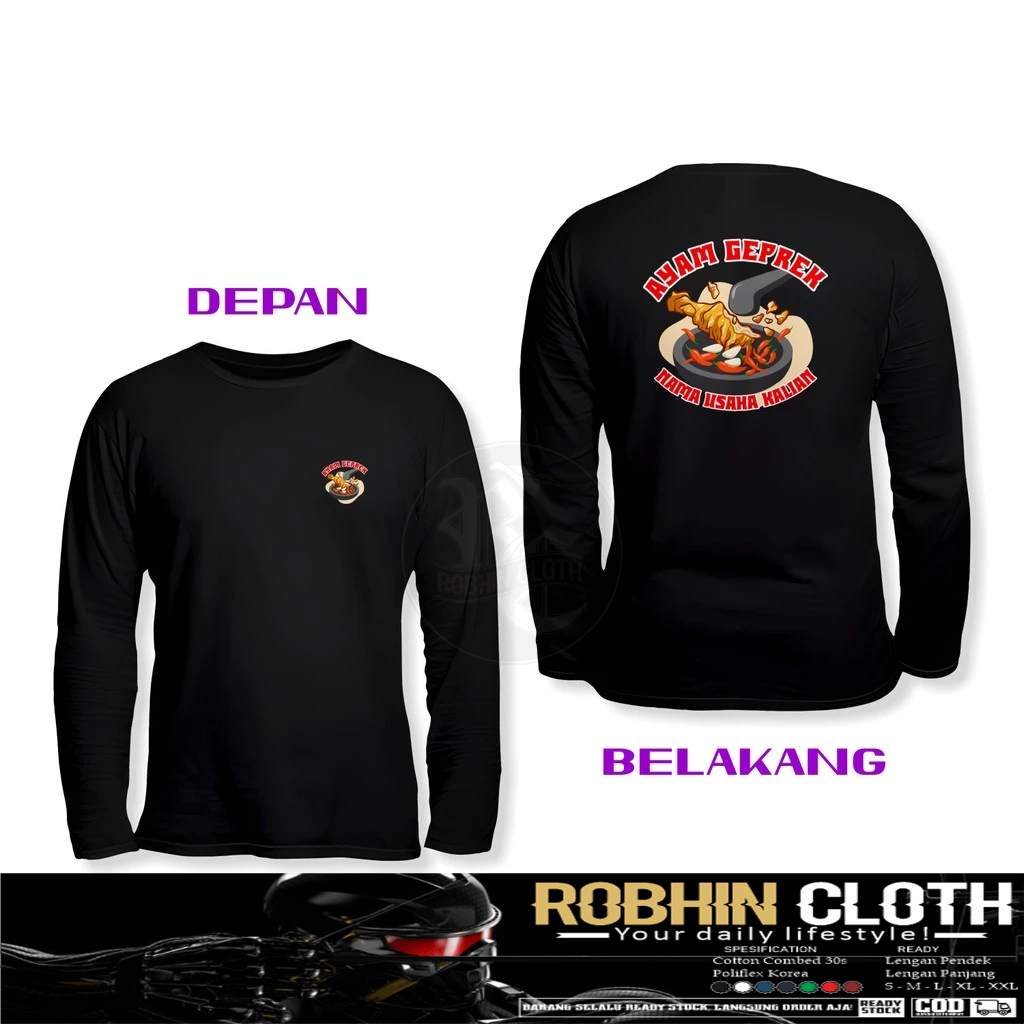 Kaos Baju Makanan Ayam Geprek Gratis Nama Kamu DB Lengan Panjang Kaos Distro