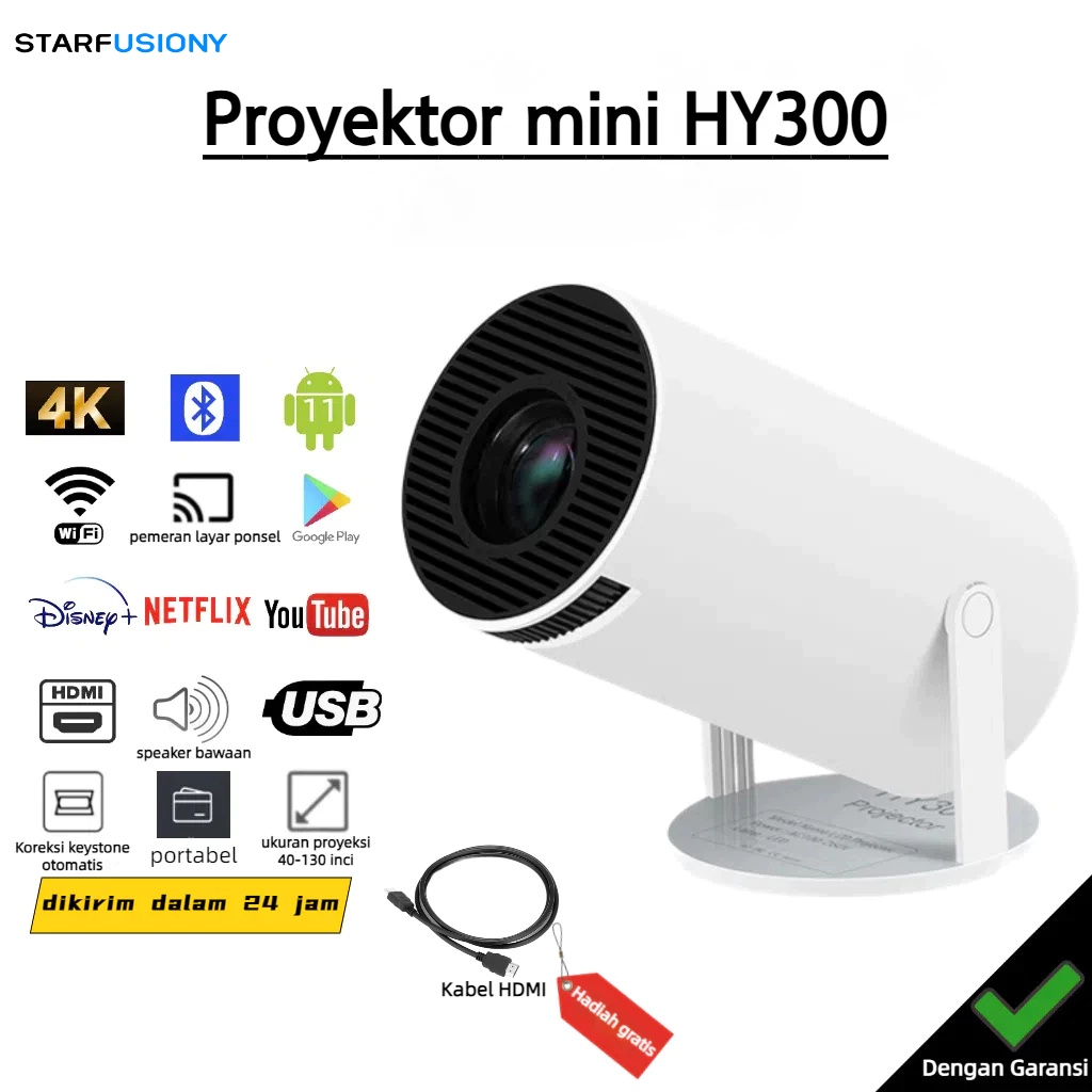 HY300 Proyektor Android 11.0 Bluetooth Proyektor 2.4+5G Wifi 6 Portabel Mini LCD Proyektor Support 4