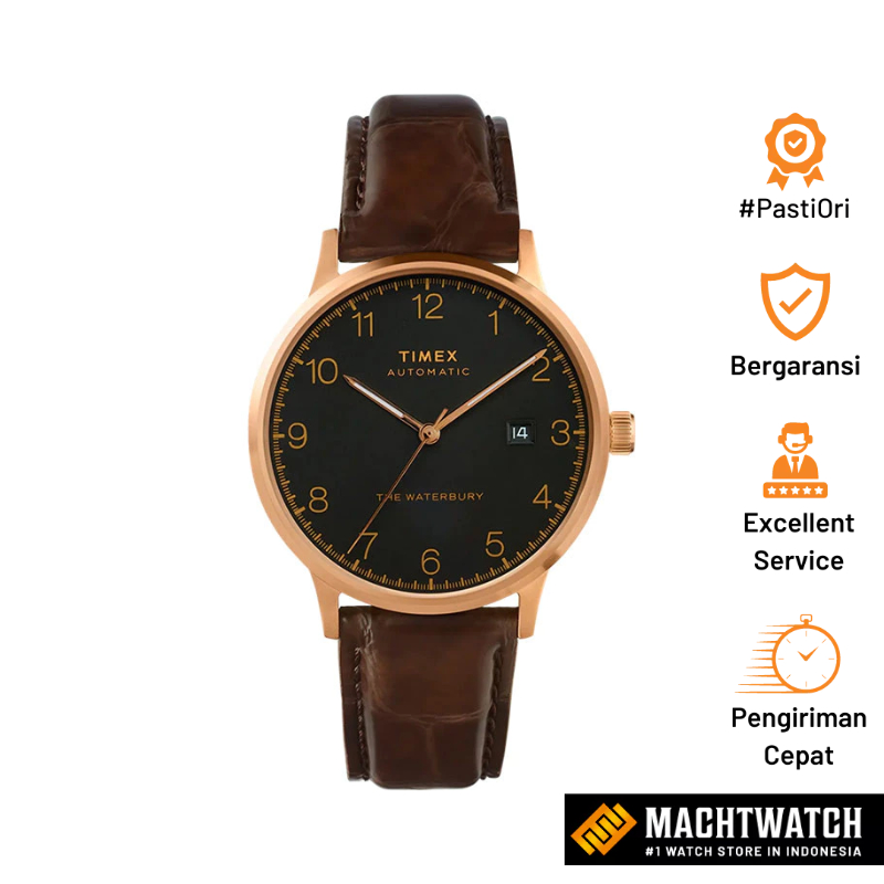 [CLEARANCE APR] Jam Tangan Pria Timex Waterbury TW2T70100 Automatic Men Black Dial Brown Leather Str