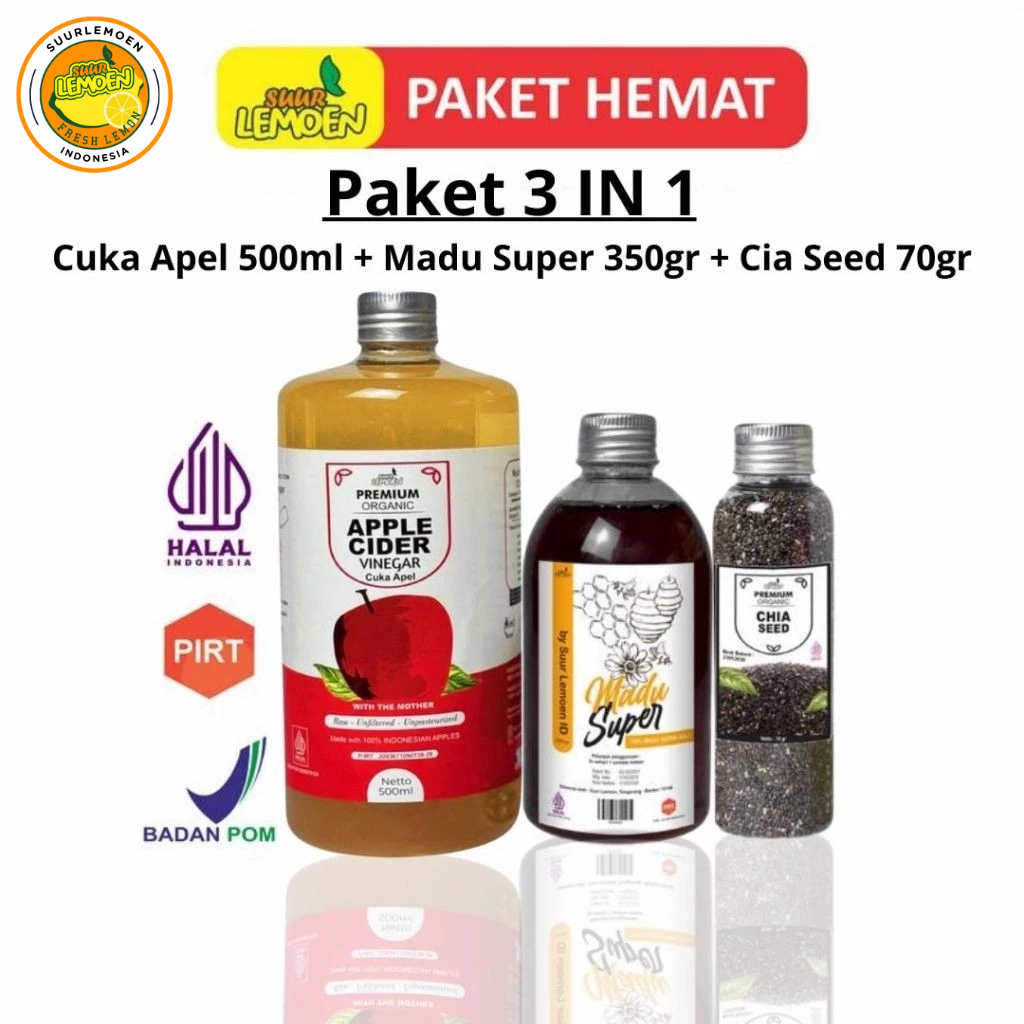 

Paket Diet Detox Sehat Alami BPOM dan Halal Paket 3in1 / Cuka Apel + Chia Seed + Madu Super ( ALL Variant ) By Suur Lemoen