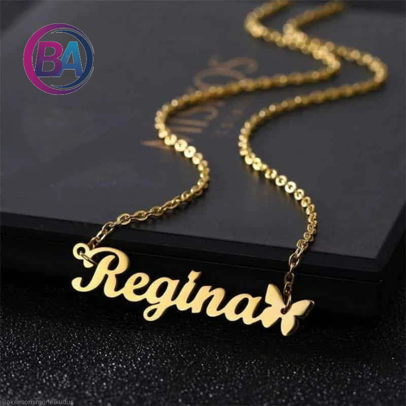 Kalung Nama Anak || Kalung titanium ukir nama anak || Kalung liontin ukir nama kupu