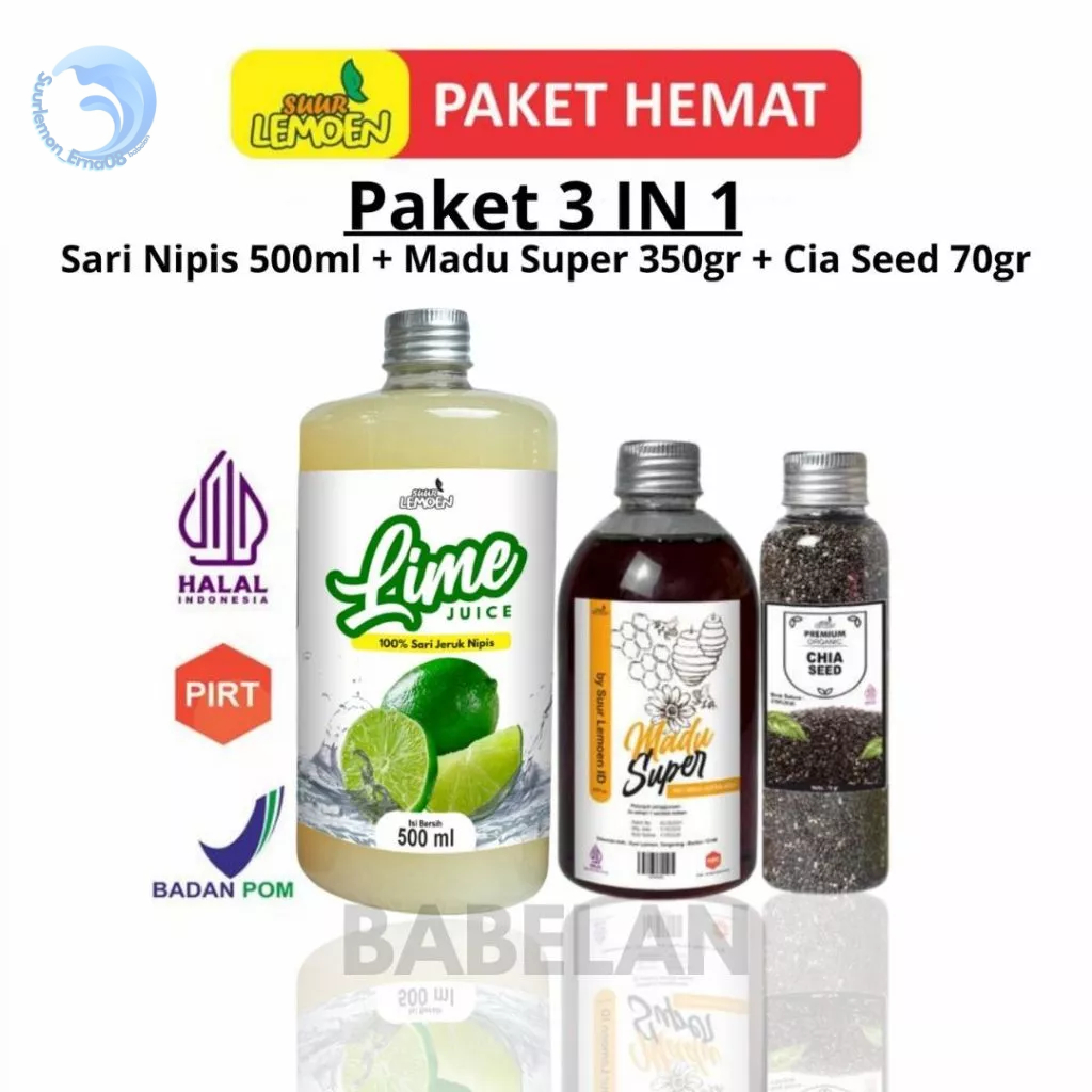 

Suur Lemoen Paket Diet Hemat - Sari Nipis 500ml + Madu Super 350ml Dan Chia Seed 70gr - BPOM dan Halal