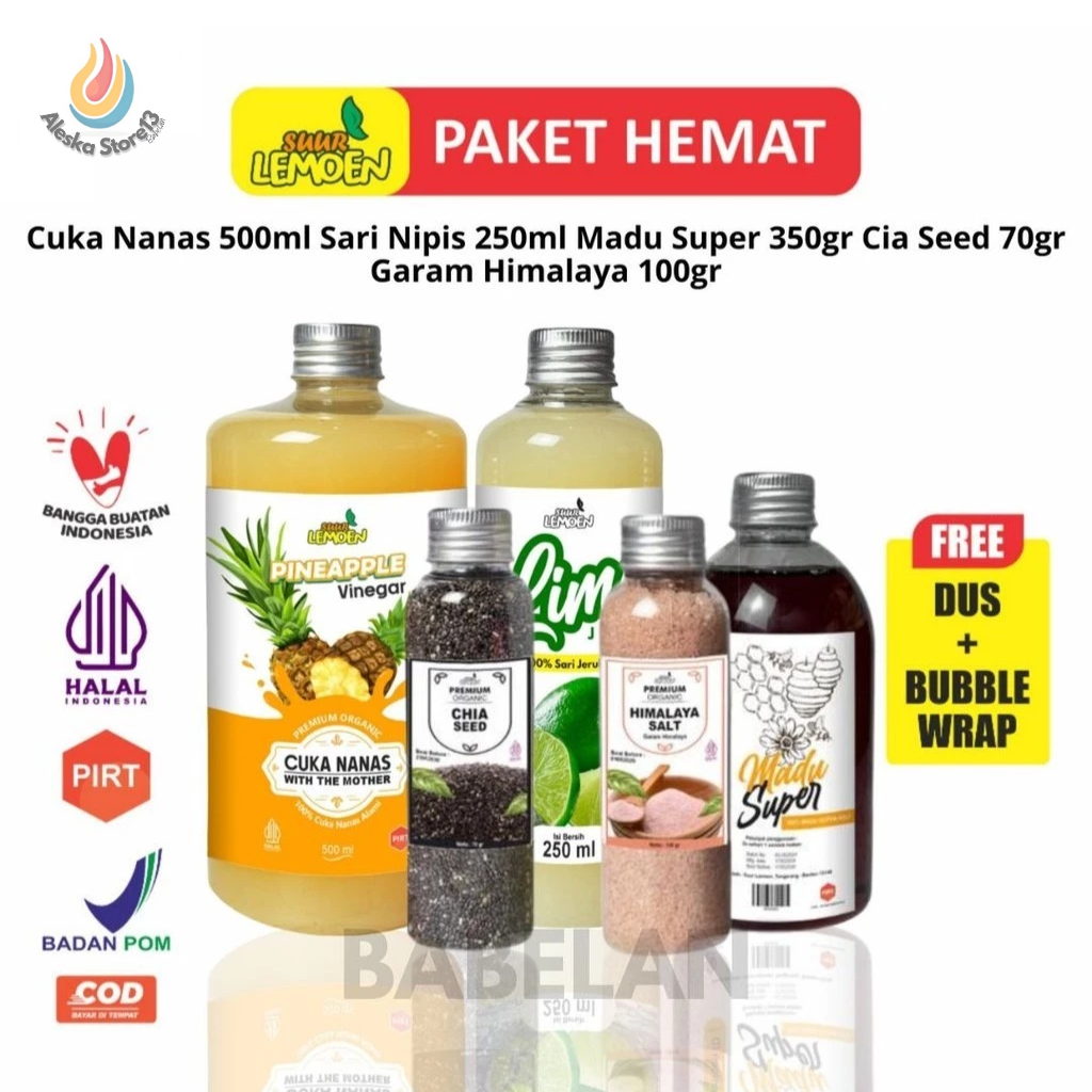

Suur Lemoen Paket Bundle Diet dan Detox 5in1 BIG - Paket Hemat Cuka Nanasl, Sari Nipis, Chia Seed, Madu Hutan, Garam Himalaya - (ERN)