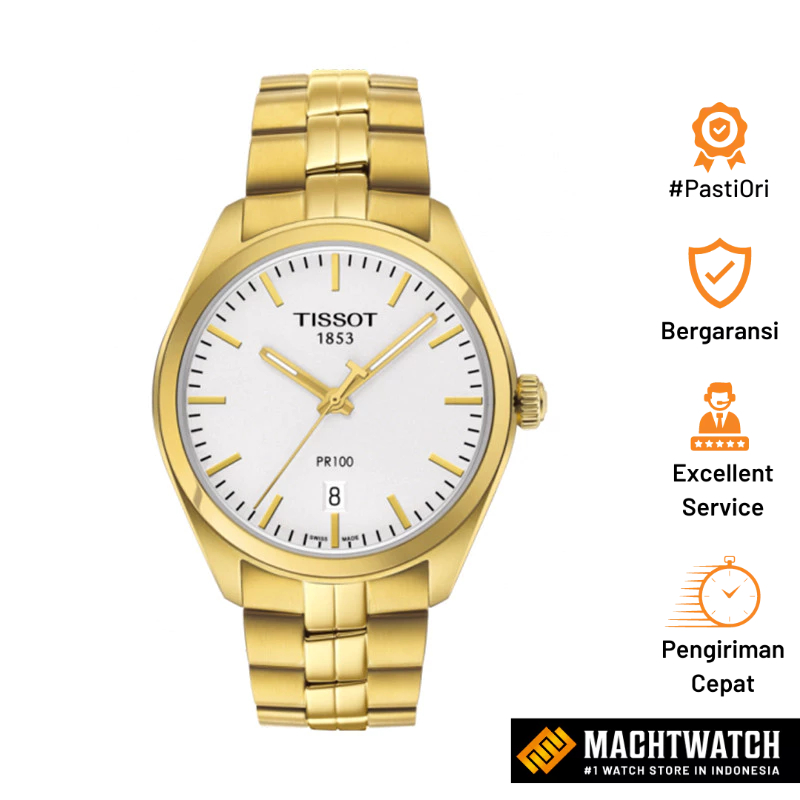 Jam Tangan Pria TISSOT T-Classic T101.410.33.031.00 PR 100 Men Silver Dial Gold Stainless Steel Stra