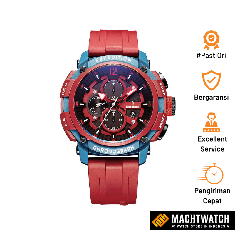 Jam Tangan Pria Expedition Chronograph E 6781 MC RUBBARE Men Two Tone Dial Red Rubber Strap