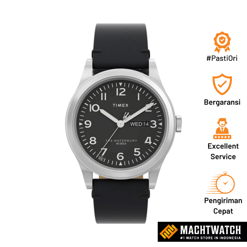 Jam Tangan Pria Timex Waterbury TW2W14700 Traditional Day Date Black Dial Black Leather Strap