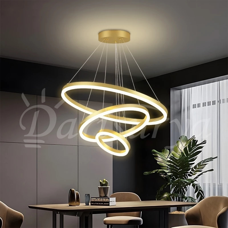 Lampu Gantung Ruang Tamu Lampu Hias  Mewah Nordik Minimalis Modern Gold 3 Ring LED 3 Warna 60+40+20c