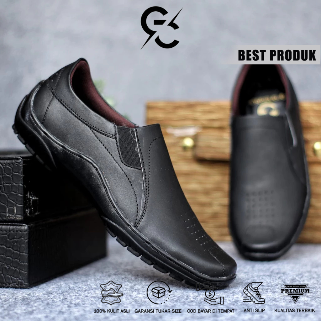 Grandable Badil Sepatu Kasual Pria Slip On Kulit Asli Garut Casual Kerja Kantoran Ori Terbaru Murah