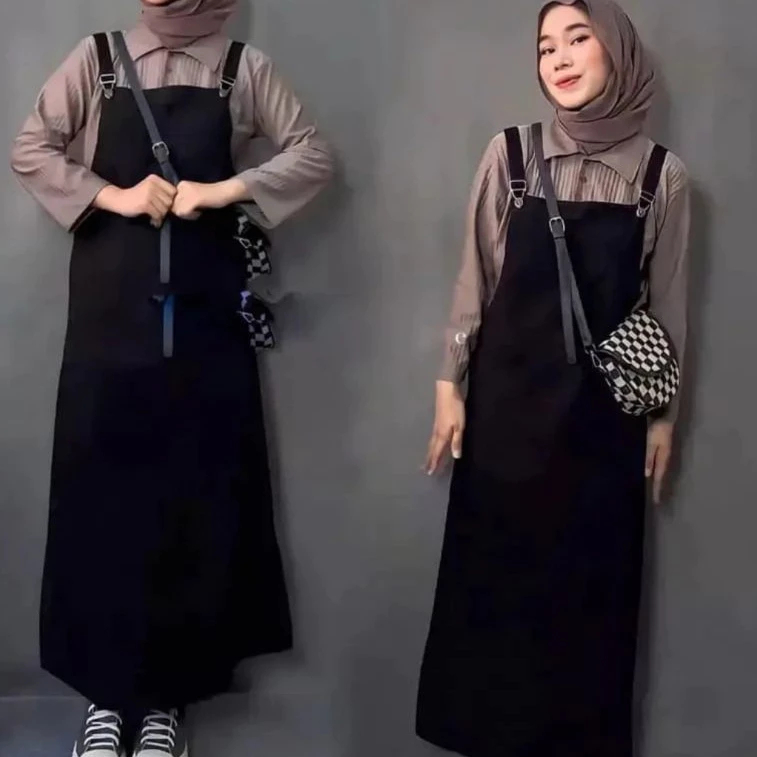 Overall Dress Jumpsuit Wanita Korean Style Baju Kodok Wanita Katun Panjang Casual Hitam