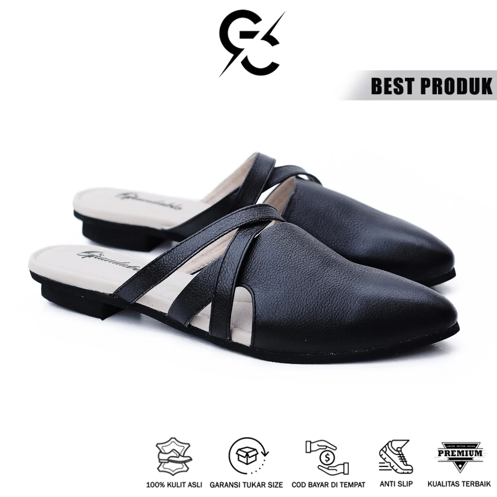 Sepatu Sandal Wanita Sendal Flat Selop slop Teplek Papirut Kulit Asli Garut Bustong Tutong Humeey