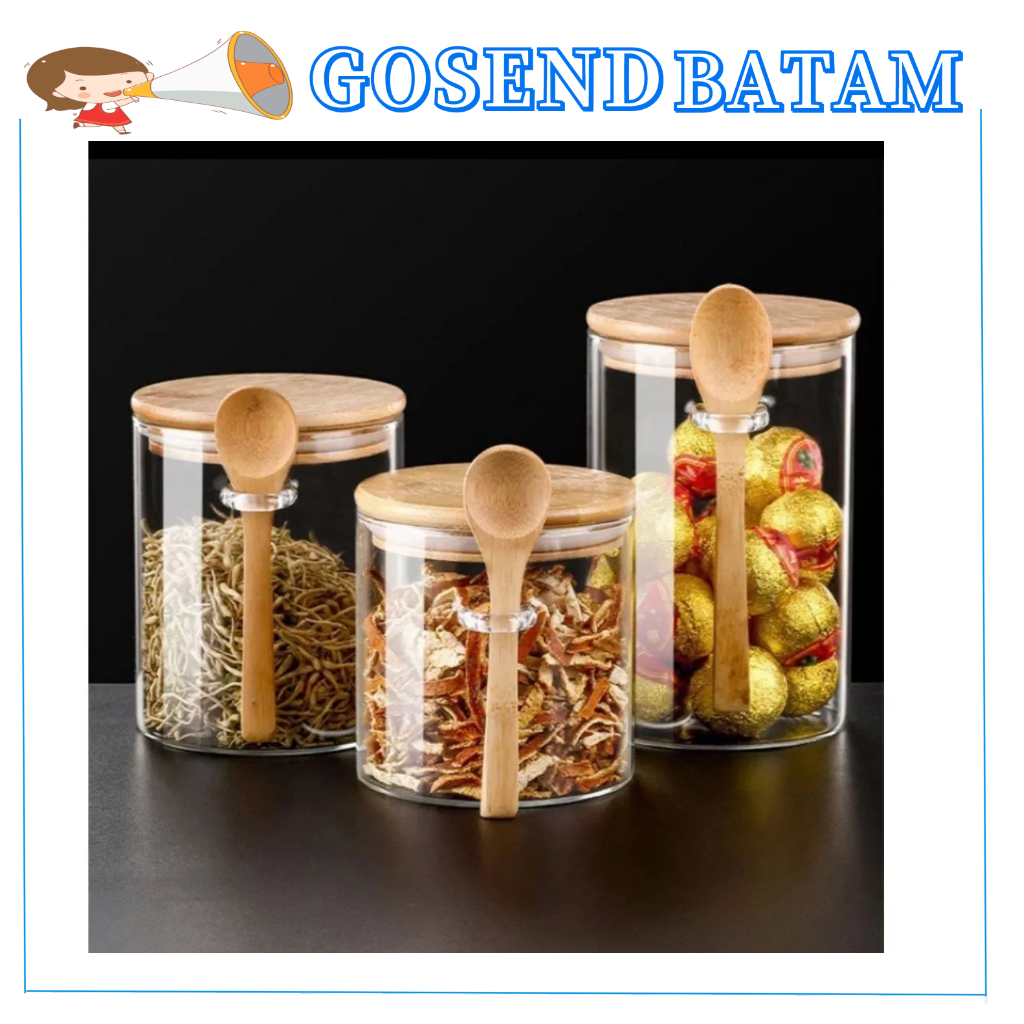 (GOSEND) Toples Bumbu Dapur Kaca/Tempat Bumbu Dapur Tutup Kayu Aesthetic