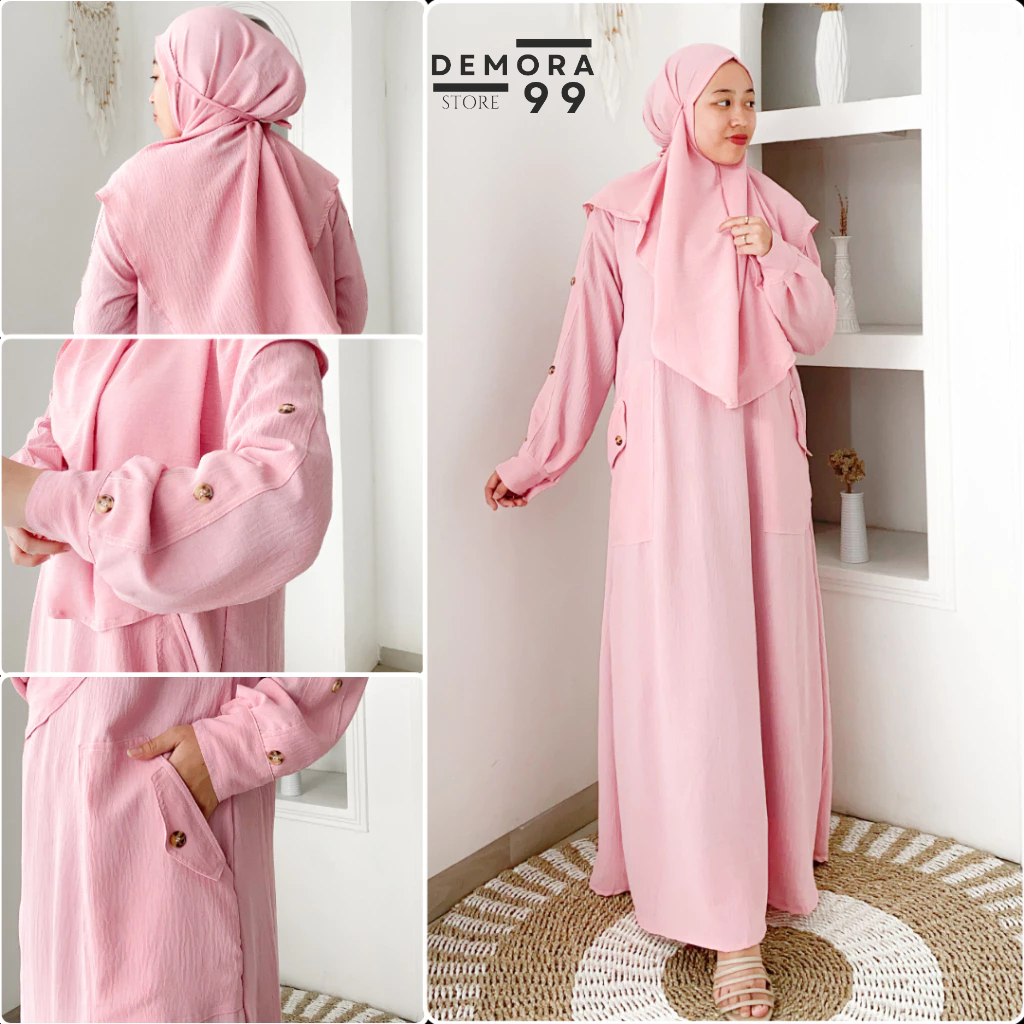 MARWAH DRESS SYARI Gamis Muslim Wanita Terbaru Baju Dress Polos Crinkle + Hijab Outfit Lebaran Minim