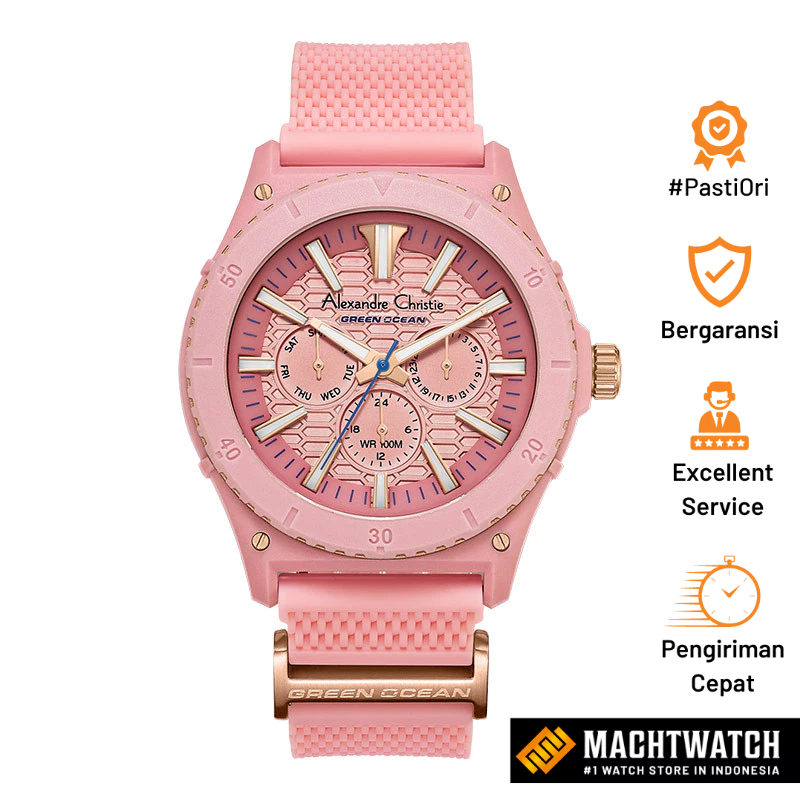 Jam Tangan Pria Alexandre Christie Green Ocean AC 6584 MF RRGPN Men Pink Dial Pink Rubber Strap