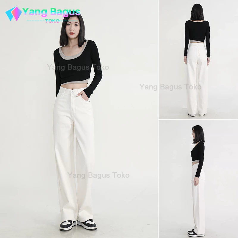 Celana jeans wanita haightwaist jeans kulot korea style baggy pants jeans putih high waist murah