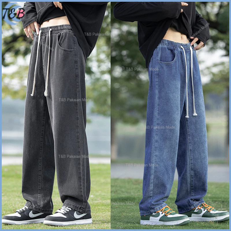 Celana jeans pria baggy pants celana pria korean style celana kulot pria jeans pinggang karet loose 