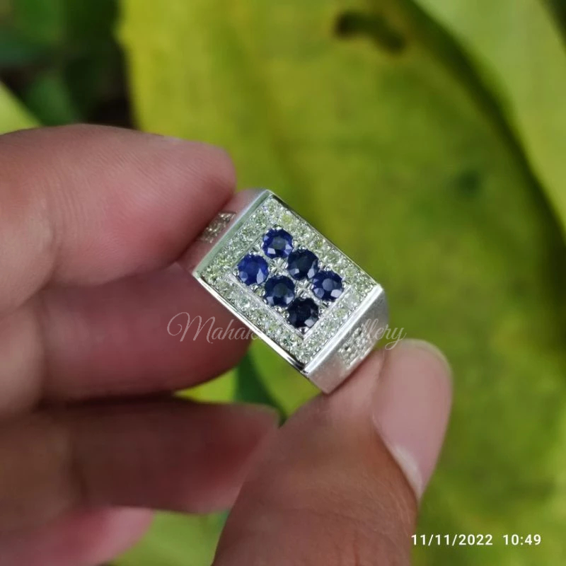 cincin blue sapphire berlian asli mewah + memo