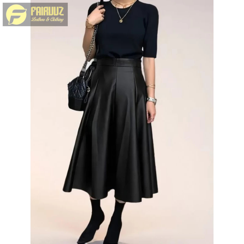 Rok Wanita Hijab 2024 Rok Rempel Kulit Rok Pesta Elegan Rok PU Leather Panjang High Waist Warna Soli