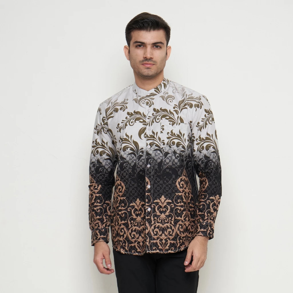 Vanfive Koko Batik Kemeja Koko Batik Shanghai Pria Lengan Panjang Slim Fit - Hitam Batik Shanghai Pr