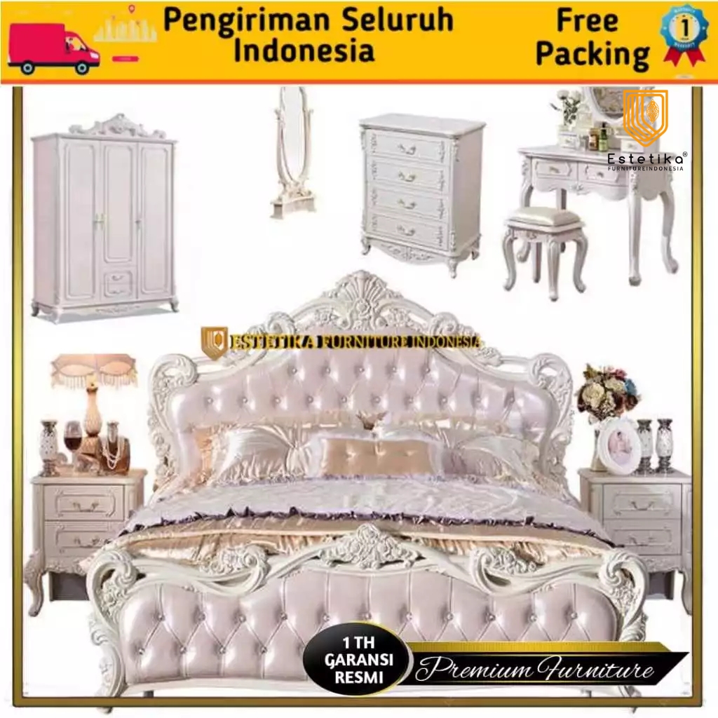 ESTETIKA FURNITURE INDONESIA Set Kamar Dipan Tempat Tidur Ratu Bilqis Full Ukir Jepara White Glossy 