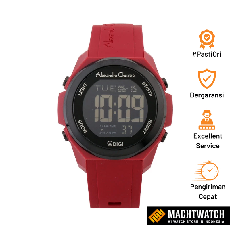 Jam Tangan Pria Alexandre Christie Digi AC 9342 MH RIGBARE Men Black Digital Dial Red Rubber Strap