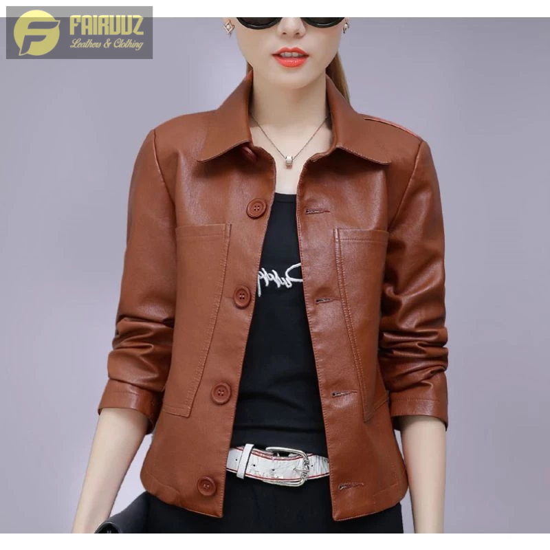 Jaket Kulit Wanita Leather Jacket Women Model Kemeja Wanita Simple Sporty Single-breasted PU Leather