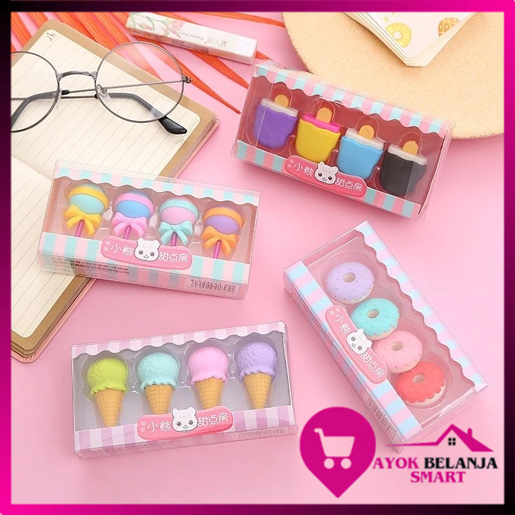 

ABS Penghapus 4 Pcs / Set Lucu Bentuk Es Krim Karet Hapus Lolipop Donat Pensil Karakter Sweet Eraser Anak Sekolah Karakter 4pcs Bentuk Makanan Donut Ice Cream