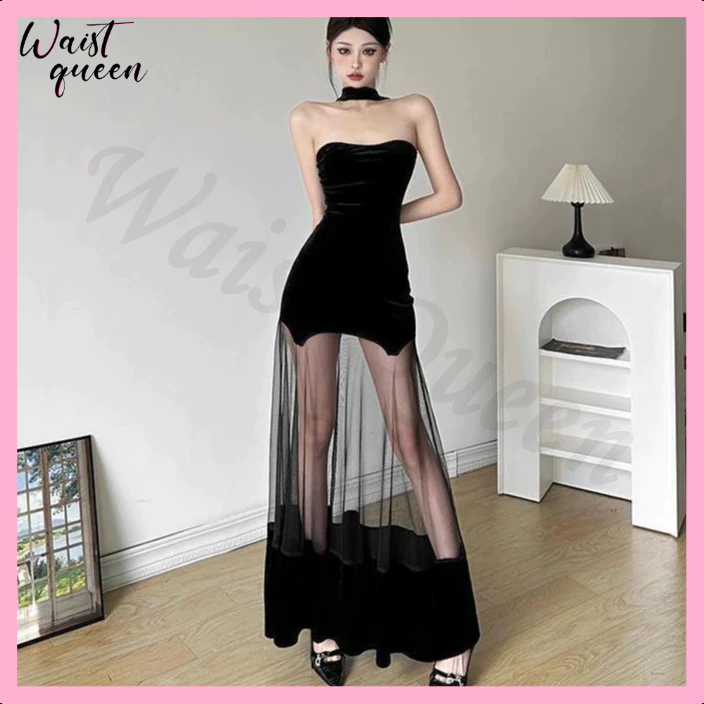 【WaistQueen.id】Desain Kasa Kasa Seksi Gaun Hitam Gaun Hitam Ramping Pakaian Wanita Telanjang