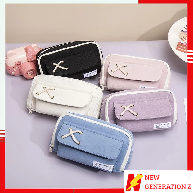 

NGZ Tempat Pensil Model Pita Silang Kotak Pensil Tali Rami Ritsleting Ganda Bahan Kanvas Pouch Tempat Alat Tulis Perlengkapan Sekolah Kantor Dua Sisi Resleting