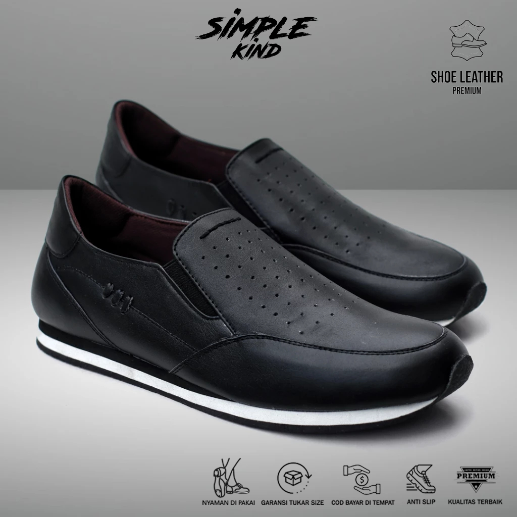 SK - TORA Sepatu Sneakers Slip On Kulit Asli Hitam Pria