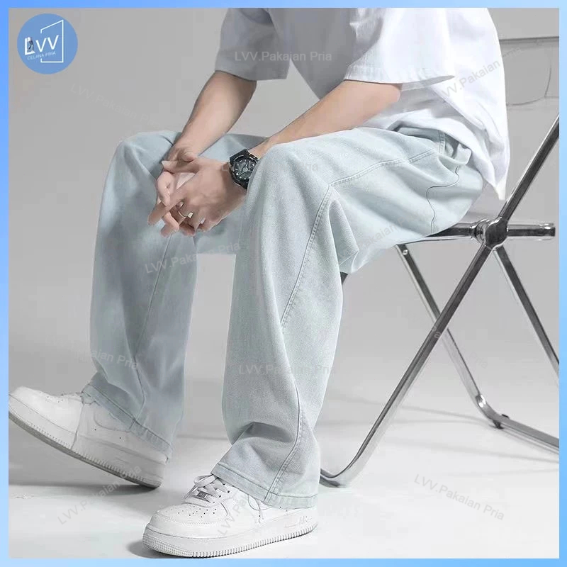 celana jeans pria panjang elana kulot pria korean style celana jeans serut Denim Biru Muda Celana lo
