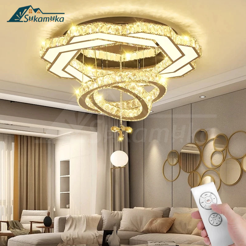 Lampu Kristal Gantung Modern Mewah 60cm Lampu Plafon Spiral Emas REMOTE KONTROL 3warna LED lampu Hia